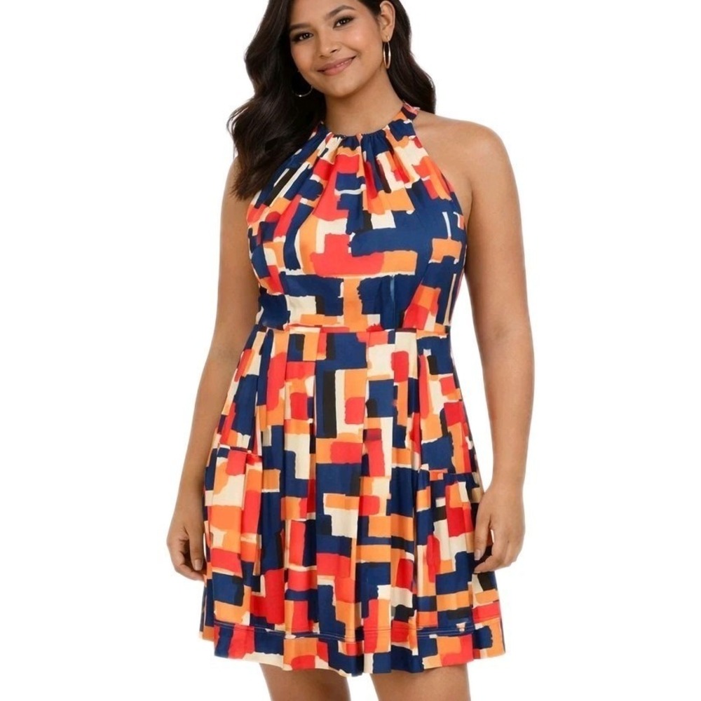 NEW DIRECTIONS Size 6 Colorful Cotton Stretch Fit & Flare Halter Dress w/pockets - Picture 2 of 11
